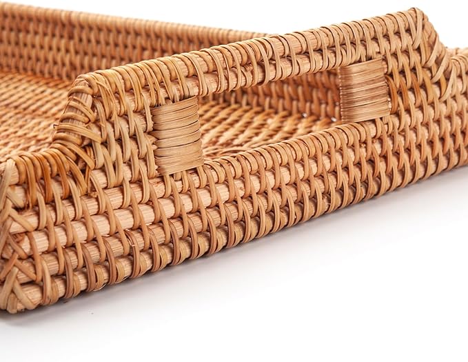Rattan Serving Tray with Handles, Rectangular Wicker Basket Tray, Hand Woven Flat Basket for Coffee Table Dinning Room Bathroom (17 x 11.4 x 1.8 inch)