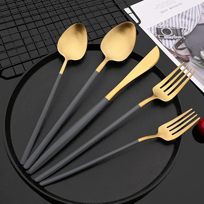 JASHII Slim Handle Silverware Set 20 Pieces, 304 Stainless Steel Colorful Flatware Set, Titanium Plating Cutlery Set, Utensil Sets for Home Dinner Service for 4, Dishwasher Safe - Dark Grey&Gold