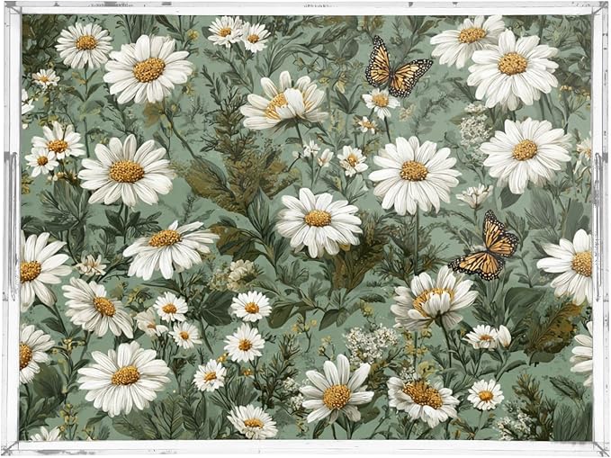 Serving Tray with Handles Clear Acrylic Tray 12x16 Inch Decorative Rectangular Tray Organizer for Ottoman Coffee Table Bathroom Summer Daisy Butterfly Green
