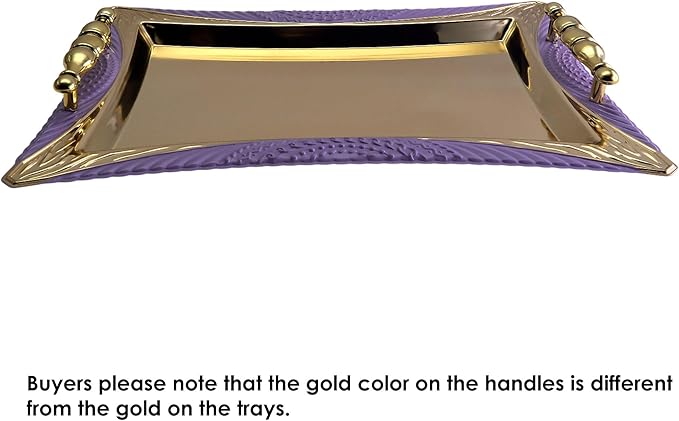 (Pack of 2) 14.2 Inch x 10.4 Inch Rectangular Star Shape Iron Gold Gray Purple Plated Serving Tray with Handles Purple Edge Floral Engraved Decorative Birthday Platter Plate CC-399