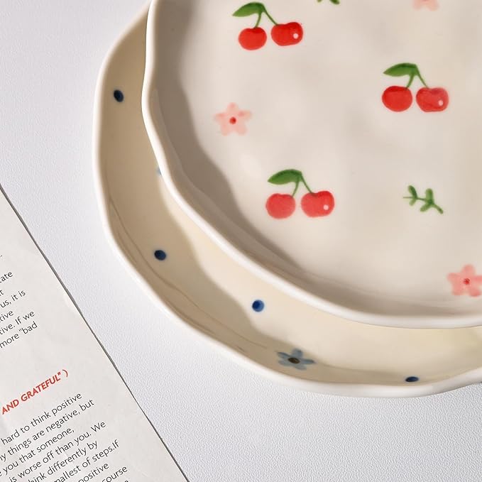 Koythin Ceramic Dessert Plates, Cute Fruits Dinner Plate, Creative Plates Design, Printed Flowers Dinnerware for Office and Home, Kitchen Plates for Desserts (Cute Bow)