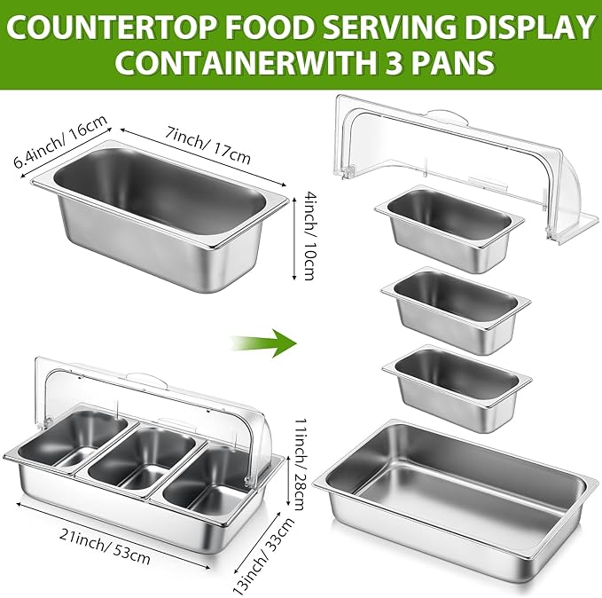 Countertop Food Serving Display Container and Clear Roll Top Cover Stainless Steel Food Serving Tray Buffet Condiment Dispenser Display Rack for Restaurant Hotel Kitchen Party(21 x 13 x 11'')
