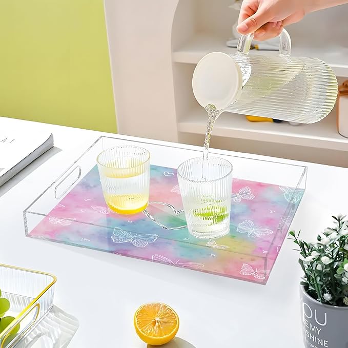Serving Tray with Handles Clear Acrylic Tray 12x16 Inch Decorative Rectangular Tray Organizer for Ottoman Coffee Table Bathroom Tie Dye Heart Butterflies