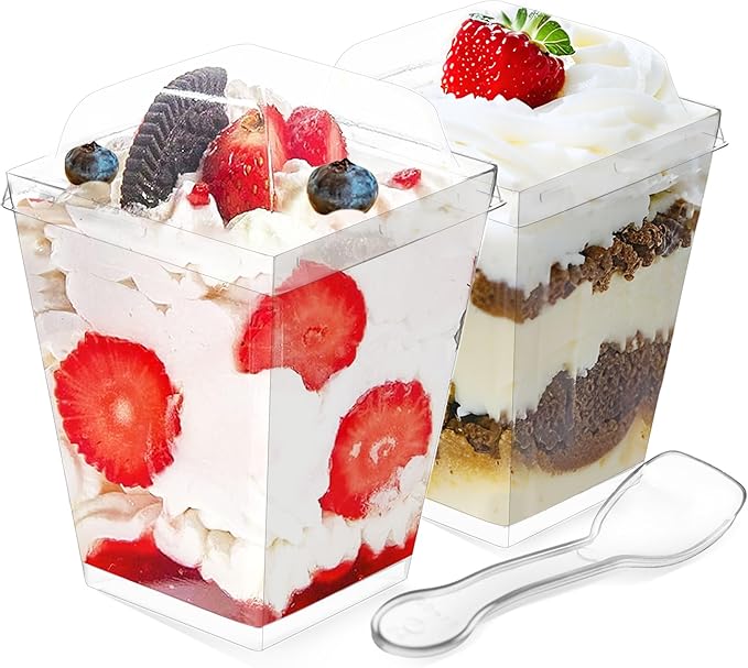 OTOB 300 Pack 5.4 oz Dessert Cups with Lids and Spoons | Serves 100 | Small Square Plastic Cake Pudding Cups, Mini Party Serving Cups for Parfait, Yogurt, Appetizers, Mousse, Dessert Shot Glasses Bowl