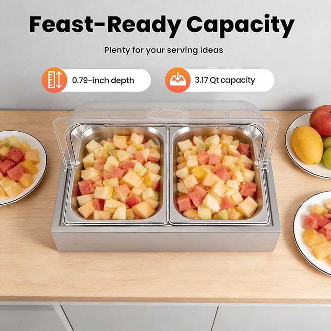Ice Food Serving Display Tray, 3L 2 Pan Spice Display Salad Dressing Cooler Food Dishes Display Plate Case w/Clear Roll Top Cover for Outdoor Buffets Parties & Restaurant (Silver)