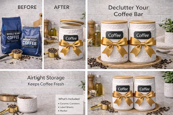 Decorative Ceramic Canister for the Kitchen Set of 2 (94oz/2779ml & 52oz/1537ml) – Airtight Flour Sugar Coffee Containers with Bamboo Lids, Large Kitchen Counter Storage Jars