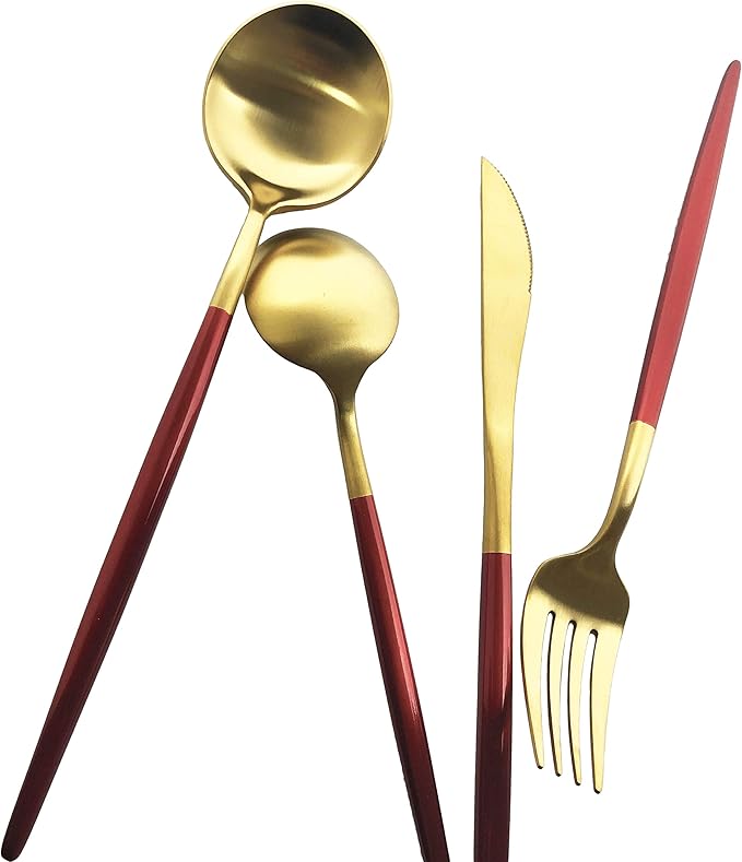Silverware Set, Hand polished Matte Gold Red Flatware Cutlery Set Service for 4, Satin Finish 20 Pieces 18/10 Stainless Steel Utensils Set for Home and Restaurant, Dishwasher Safe