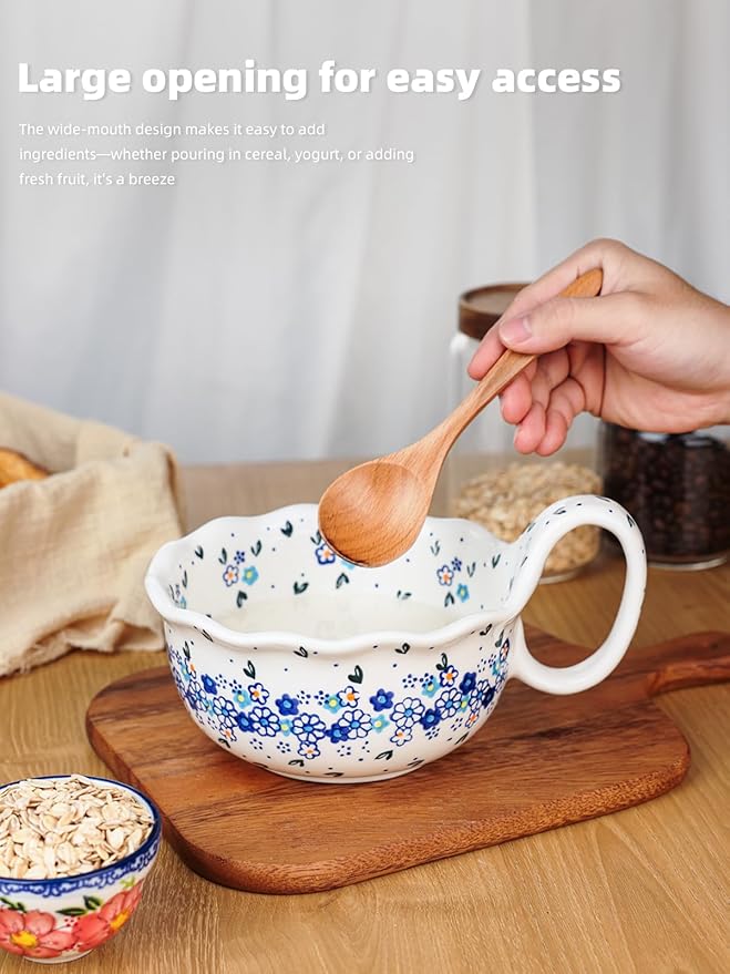silesia Handmade Ceramic Soup Bowl, 30 oz Hand Painted Bowl with Loop Handle, Floral Design Cereal Bowl for Soup, Ice cream, Snack, Microwave & Dishwasher Safe (Forget Me Not)