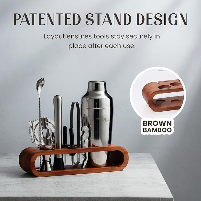 Mixology & Craft Bartender Kit: 10-Piece Cocktail Shaker Set with Dark Bamboo Stand | Complete Cocktail Kit Gift Set | Top Bartender Gifts for Men & Women | Leak-Proof Design (Silver)