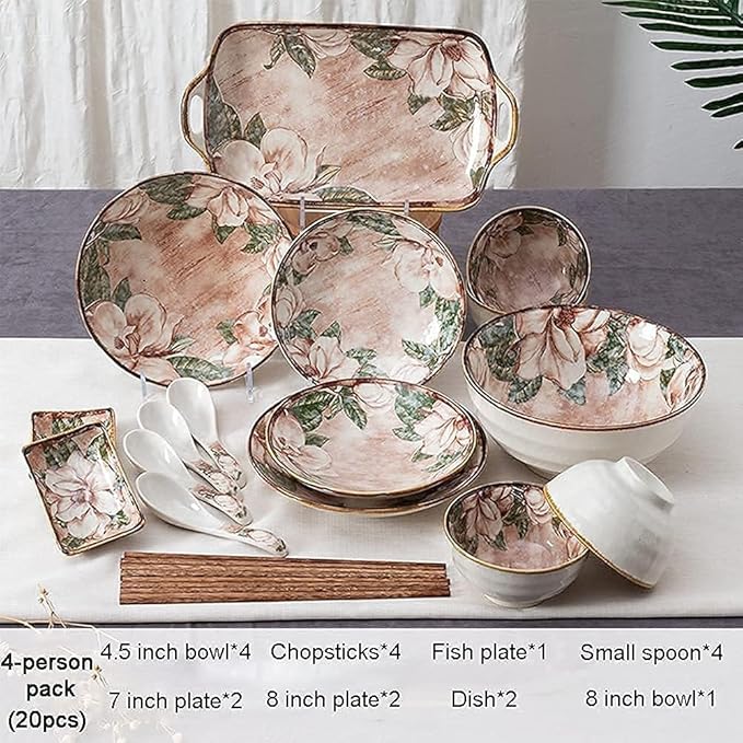 Dinnerware Sets Dish Set,20 PcssPorcelain Tableware Set with Plates Bowls and Dish,Floral Pattern Ceramic Dinner Set for Home Kitchen