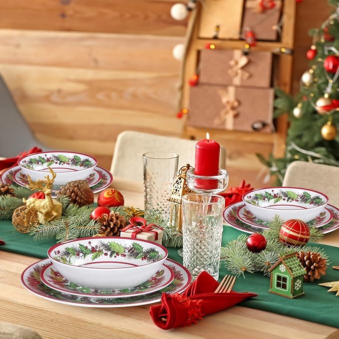 12-Piece Christmas Melamine Dinnerware Sets,Holiday Dishes Set For 4, Lightweight & Stackable for Home&Party plates,Plate and Bowl Sets Ideal for for Indoor Outdoor Use -Christmas Garland