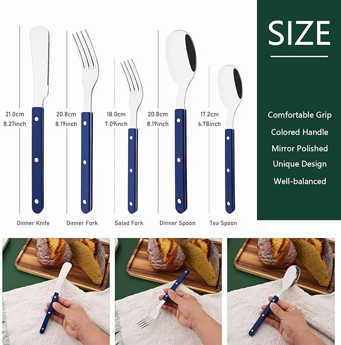 20 PCS Stainless Steel Flatware Set for 4, Silverware Set with Colored Handles, Retro Style Forks Spoons and Knives Set, Vintage Eating Utensils, Blue Acrylic Handle with Rivets Design