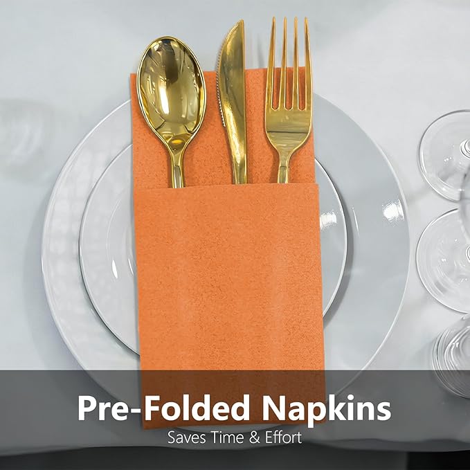 Pastel Orange Linen Feel Napkins with Flatware Pocket, 50 Pack Cloth Like Pre-Folded Napkins for Silverware, Guest Hand Towel for Dinner Party Wedding Decoration (16. x 15.5 inch)