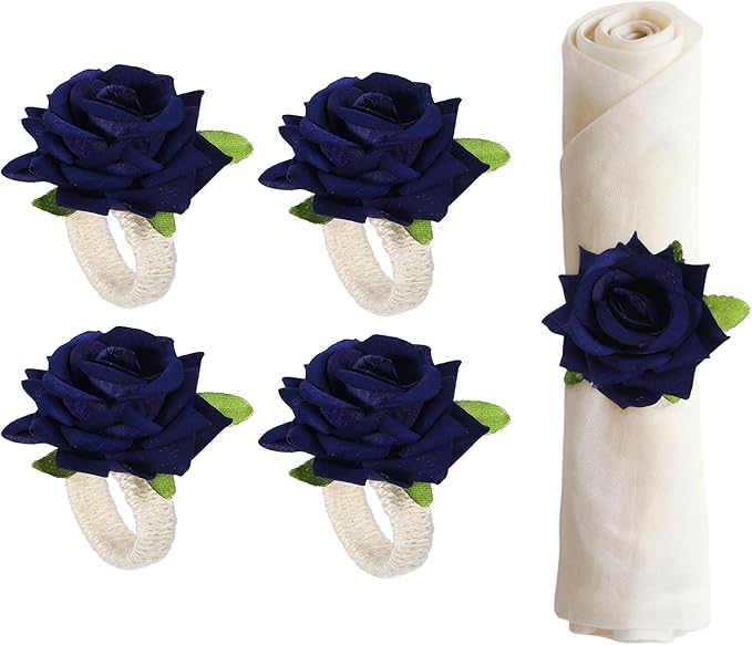 uxcell 6Pcs Flower Napkin Rings, Handmade Rose Napkin Ring Holders Buckles Table Decorations for Christmas Thanksgiving Valentine Decor Wedding Parties, Banquet, Home, Navy Blue