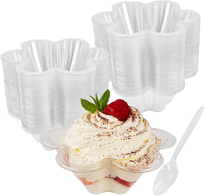 100ct 8oz Clear Plastic Dessert Cups with Spoons, Disposable Flower Shaped Ice Cream Bowls, Party Sundae Serving Bowls for Ice Cream, Nuts and Salad, Trifle Tasters Containers