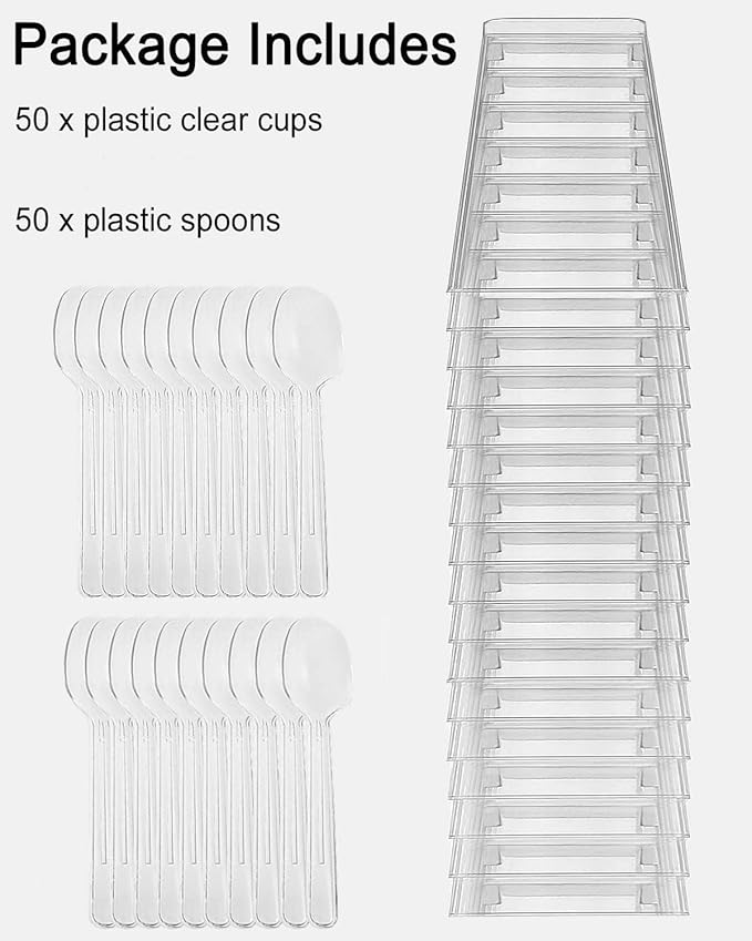 2oz Clear Dessert Cups with Spoons, 50Pcs Reusable Mini Square Dessert Cups, Mini Transparent Appetizers Serving Bowl for Desserts Mousses,Puddings