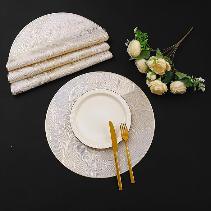 FAVE 12PCS Round Placemats Feather Pressed Vinyl Placemats Set of 12 Slip Resistant Table Mats Wipeable Gold Placemat for Table Decor Holiday Wedding Accent(Golden Feather, 12PCS)
