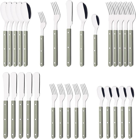 30 PCS Stainless Steel Flatware Set for 6, Silverware Set with Colored Handles, Retro Style Forks Spoons and Knives Set, Vintage Eating Utensils, Green Acrylic Handle with Rivets Design