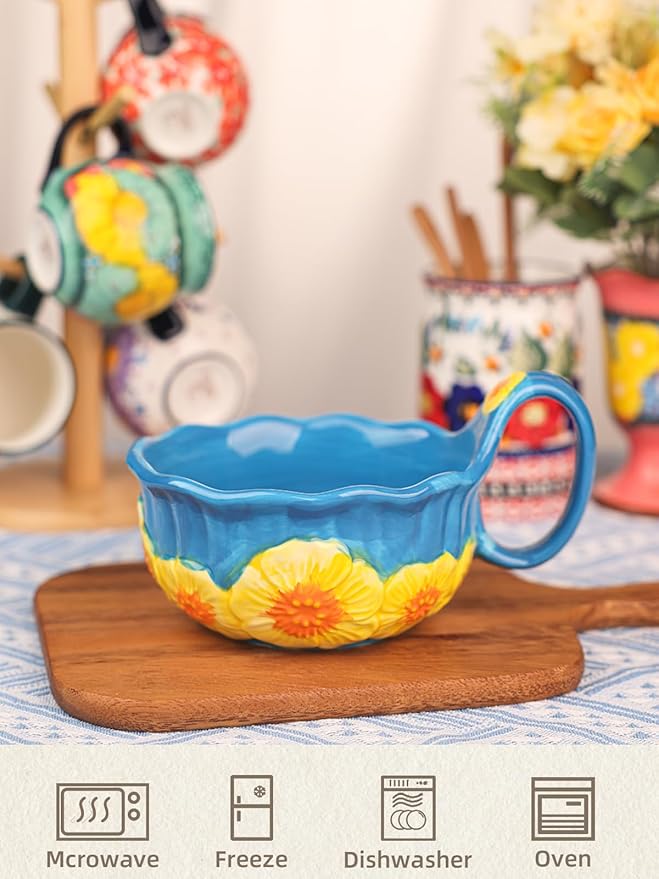silesia Handmade Ceramic Soup Bowl, 30 oz Hand Painted Bowl with Loop Handle, Floral Design Cereal Bowl for Soup, Ice cream, Snack, Microwave & Dishwasher Safe (Dark Blue)