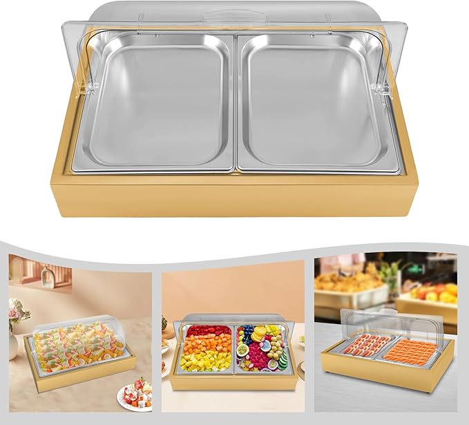 Dual Compartment Ice Food Serving Display Tray, 3.17Qt Stainless Steel Buffet Cold Platter with Clear Lid & Reusable Ice Box, for Party Wedding Restaurant - Gold (Gold-2)