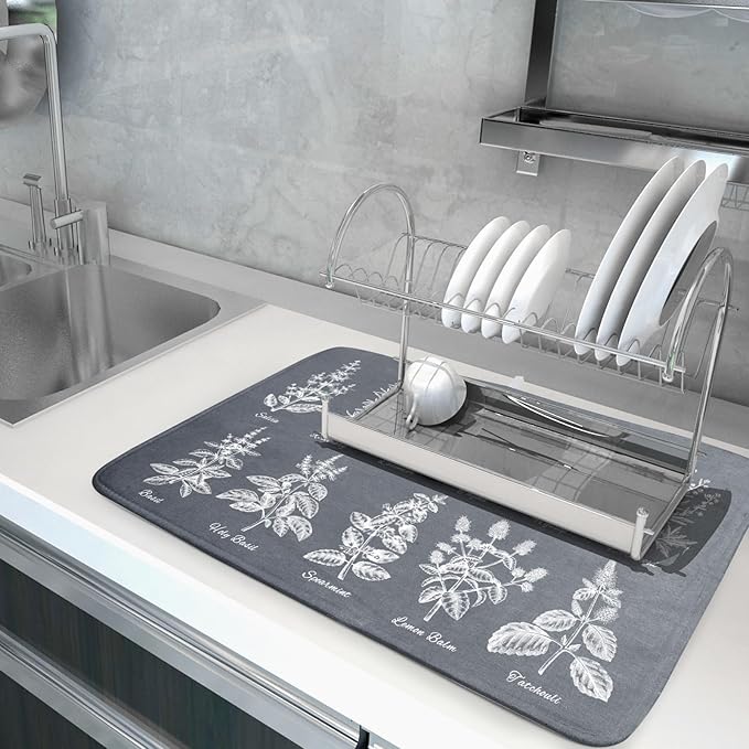 Flower Herbs Dish Drying Mat Wild Plant Dish Rack Mat with Hanging Loop Fast Dry Dish Drainer Pad for Kitchen Counter Sink 18x24 Inch