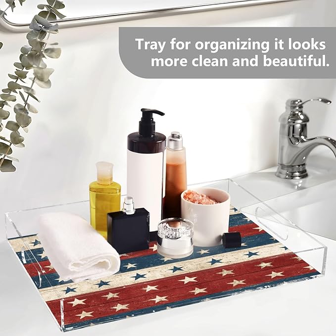 Serving Tray with Handles Clear Acrylic Tray 12x16 Inch Decorative Rectangular Tray Organizer for Ottoman Coffee Table Bathroom Red and Blue Stars Independence Day