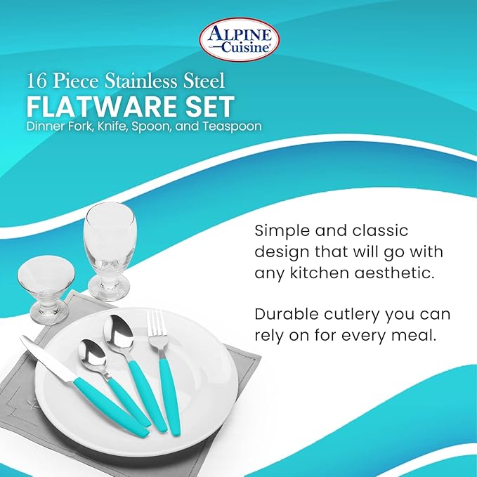ALPINE CUISINE Flatware Set 16 Piece Service for 4, Stainless Steel Flatware Cutlery Set Includes Dinner Knives/Forks/Spoons - Great for Camping or College Dorms - Dishwasher Safe - Aqua