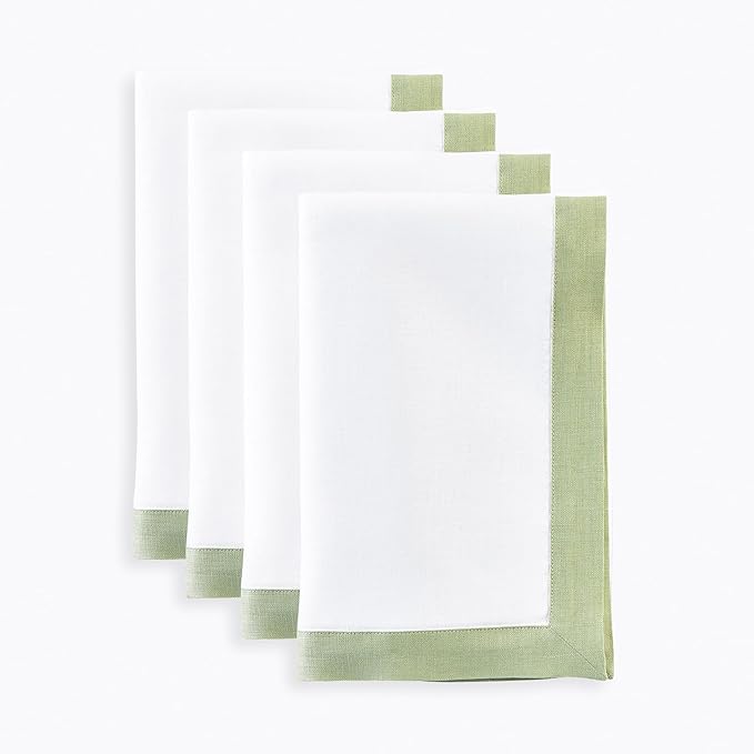 Solino Home Linen Cloth Napkins Set of 4-100% Pure Linen Sage Green and White Dinner Napkins 20 x 20 Inch for Winter, Christmas - Classic, Handcrafted and Machine Washable