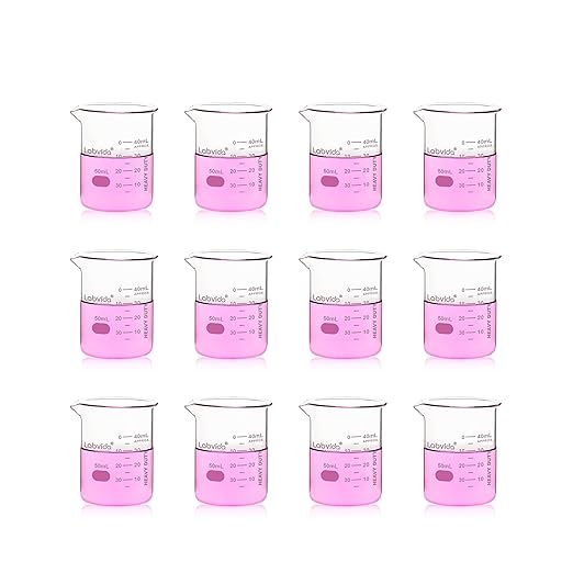 12pcs 50ml Upgrated Thick Glass Beakers, Shot Glass Beaker Set, 3.3 Boro Griffin Low Form, Double Scale, LVA003