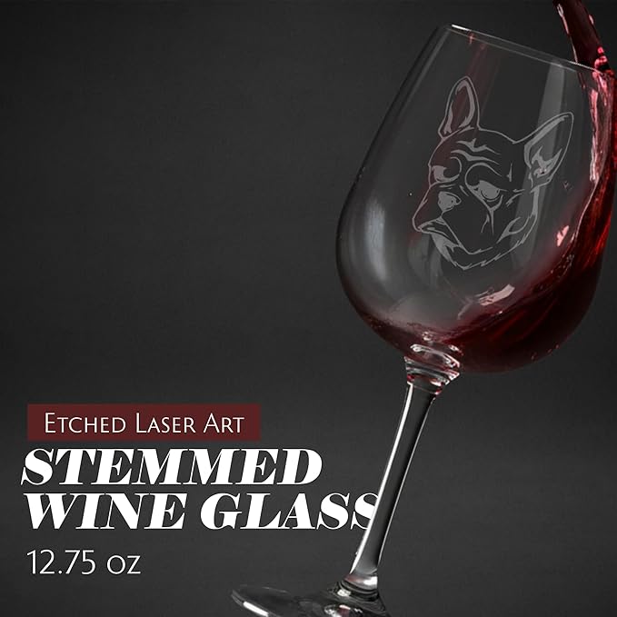 Etched Laser Art French Bulldog Personalized Dog Themed Etched 12.75oz Wine Glass Custom Dog Breed Wine Glasses, Ideal for Pet Lovers, Unique Birthday Gift for Men & Women, Personalized Gift