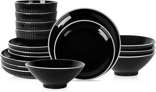 Christian Siriano Lustra Modern 16-Piece Stoneware Dinnerware Set, Plates and Bowls Set, Dinner and Salad Plates, Ramen Bowls, Dishes for 4, Black
