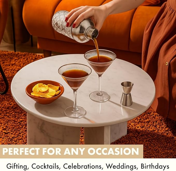 VEMACITY - Ribbed Martini Glasses Set of 4 | Silver Bar Tools - 8oz Cocktail Glasses | Espresso Martini, Margarita, Manhattan, Cosmopolitan - Art Deco Cocktail Gift Set | Ideal for Martinis