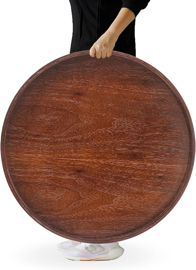 Extra Large Round Solid Wood Serving Tray, Classic Tea Coffee Table Wooden Decorative Ottoman Tray Server for Breakfast in Bed Snack Food Kitchen Party Bar, Raised Edge (27.6inch/70cm) Walnut