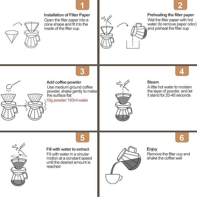 Pour Over Coffee Maker 400ml Borosilicate Glass Drip Coffeemaker Server Set with 50pcs V60 Cone Paper Filters Walnut Collar Glass Lid Clear Hand Brew Dripper Carafe for Home Camping Travel 13.5oz