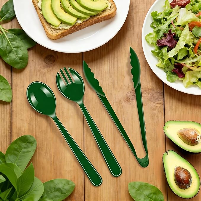 24 Pcs St. Patrick's Day Party Supplies, Plastic Serving Utensils Set 8 Tongs, 8 Spoons, 8 Forks, Heavy Duty Green Party Supplies for Buffet Holiday Restaurant Dinner Salad Noodles Soup and Daily Use