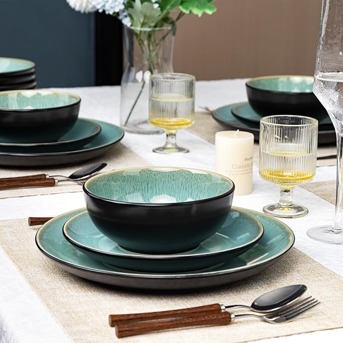 Plates and Bowls Sets for 4 - CJDC-QUELO 16-Piece Stoneware Dinnerware Sets, Ceramic Dishware Set for Kitchen Use and Formal Dining, Chip and Scratch Resistant Microwave Dishwasher Safe, Green