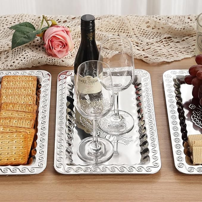 4-Pack Silver Serving Trays Set - ZENOVLUX Swirl Floral Engraved Mirror Decorative Tray, 13.8" x 8.7" Party Platters for Whiskey, Cookies, Charcuterie, Snacks, Desserts, Fruit, Party Food Display
