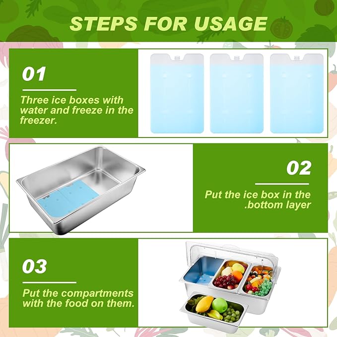 Tessco for you 16 Pcs Ice Food Spice Serving Display Countertop Chilled Condiment Container Set with Lid, Stainless Steel Salad Cold Caddy for Buffet Restaurant Kitchen Party(3 Compartments)