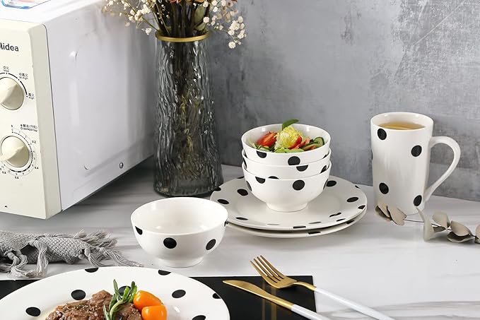 Modern Porcelain 16-Piece Dinnerware Set, Plates and Bowls Set for 4, Black Polka Dot Dinnerware,Dishwasher & Microwave Safe Ceramic Dish Set for Home Dining, Gifts