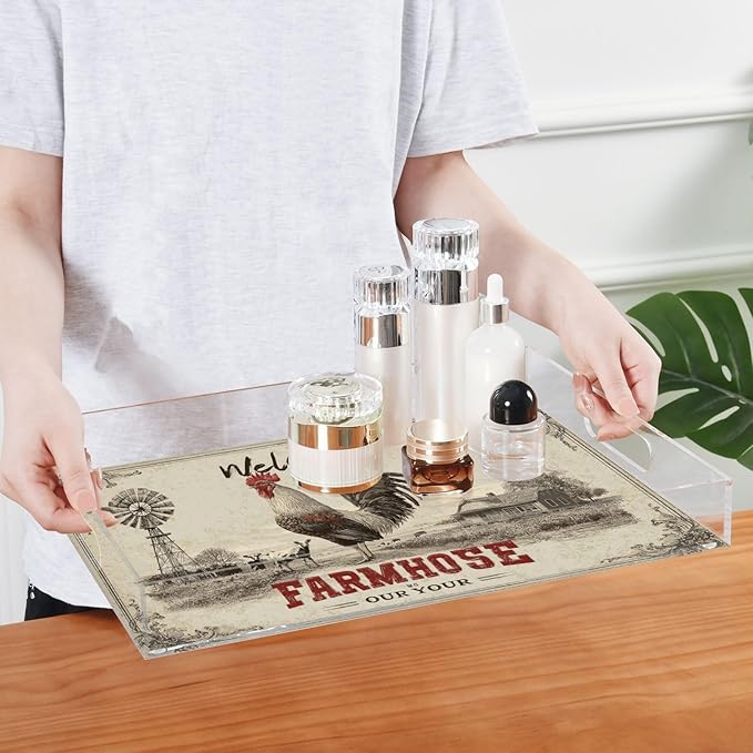 Serving Tray with Handles Clear Acrylic Tray 12x16 Inch Decorative Rectangular Tray Organizer for Ottoman Coffee Table Bathroom Rooster Farmhouse Cow