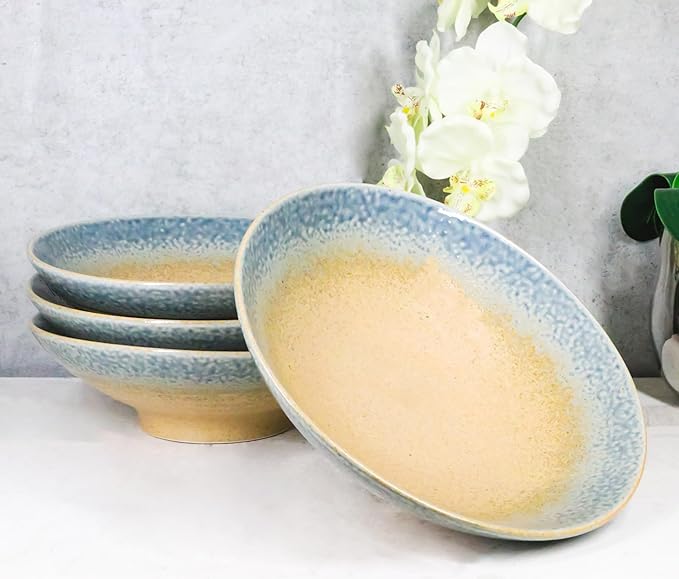 Ebros Gift Artistic Blue River Ao Nagashi Collection Dinnerware Serveware Kitchenware Set Asian Japanese Restaurant Supply (Pack Of 4 Large Ramen Soup Dinner Bowl 36oz)