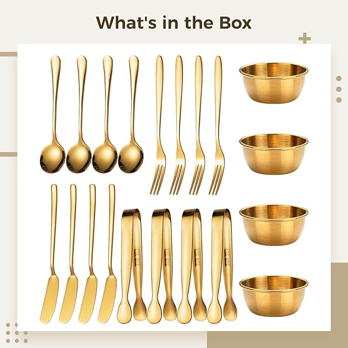 20 Pcs Gold Charcuterie Board Serving Set, Stainless Steel Flatware with Spoons Forks Butter Knives Clips Bowls, Charcuterie Boards Utensils for Parties Picnics Barbecues