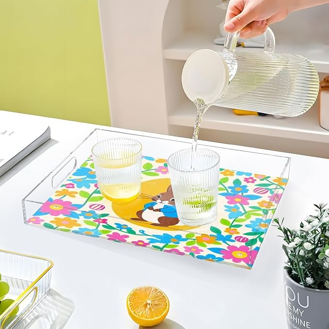 Serving Tray with Handles Clear Acrylic Tray 12x16 Inch Decorative Rectangular Tray Organizer for Ottoman Coffee Table Bathroom Bright Colorful Easter Eggs