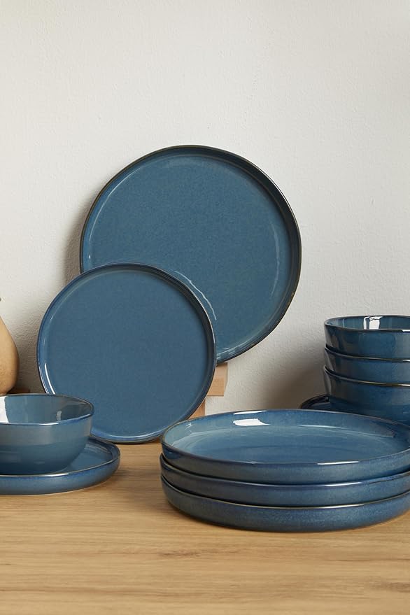 24 Piece Dark Ceramic Dinnerware Set,Slate Blue Plates and Bowls Set for 8 – Minimalist Dish Sets for Hosting with Edge and Elegance