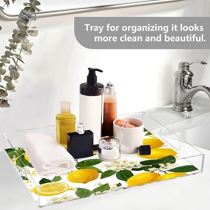 Serving Tray with Handles Clear Acrylic Tray 12x16 Inch Decorative Rectangular Tray Organizer for Ottoman Coffee Table Bathroom Yellow Lemon Flowers