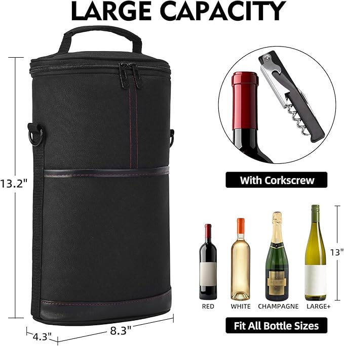 ALLCAMP 2 Bottle Wine Tote Carrier - Insulated Portable Padded Canvas Wine Bag for Travel, BYOB Restaurant, Wine Tasting, Party, Great Christmas Day Gift for Wine Lover，Black