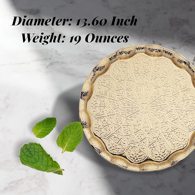 Alisveristime Turkish Ottoman Coffee Tea Serving Tray – 13.60 inches, Metal with Traditional Motifs, Available in Five Colors (Gold)