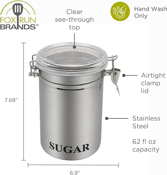 Fox Run Stainless Steel Sugar Container, 62 oz Canister with Transparent Lid