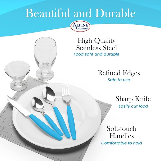 ALPINE CUISINE Flatware Set 16 Piece Service for 4, Stainless Steel Flatware Cutlery Set Includes Dinner Knives/Forks/Spoons - Great for Camping or College Dorms - Dishwasher Safe - Blue
