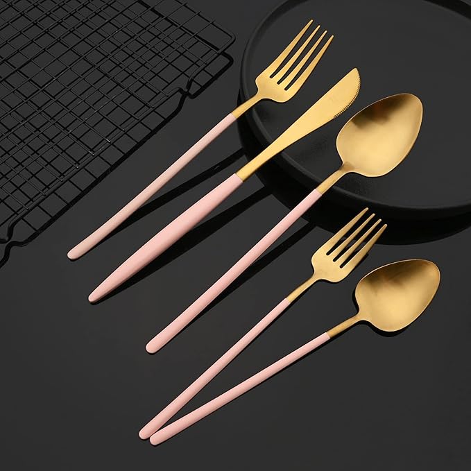 JASHII Matte Pink and Gold Silverware Set, 304 Stainless Steel Flatware Set Service for 4, Tableware Cutlery Set for Home Restaurant Party, Dinner Forks/Spoons/Knives, Slim Handle, Dishwasher Safe